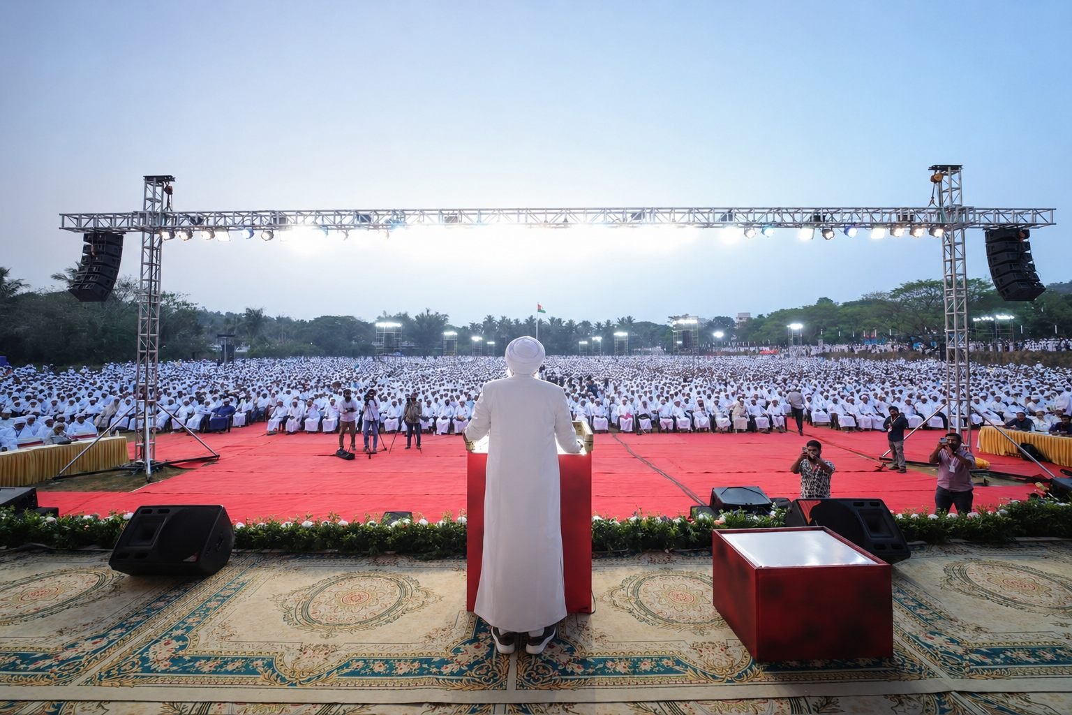A large crowd gathered in the evening for a conference session, with a speaker addressing rows of seated attendees from the stage